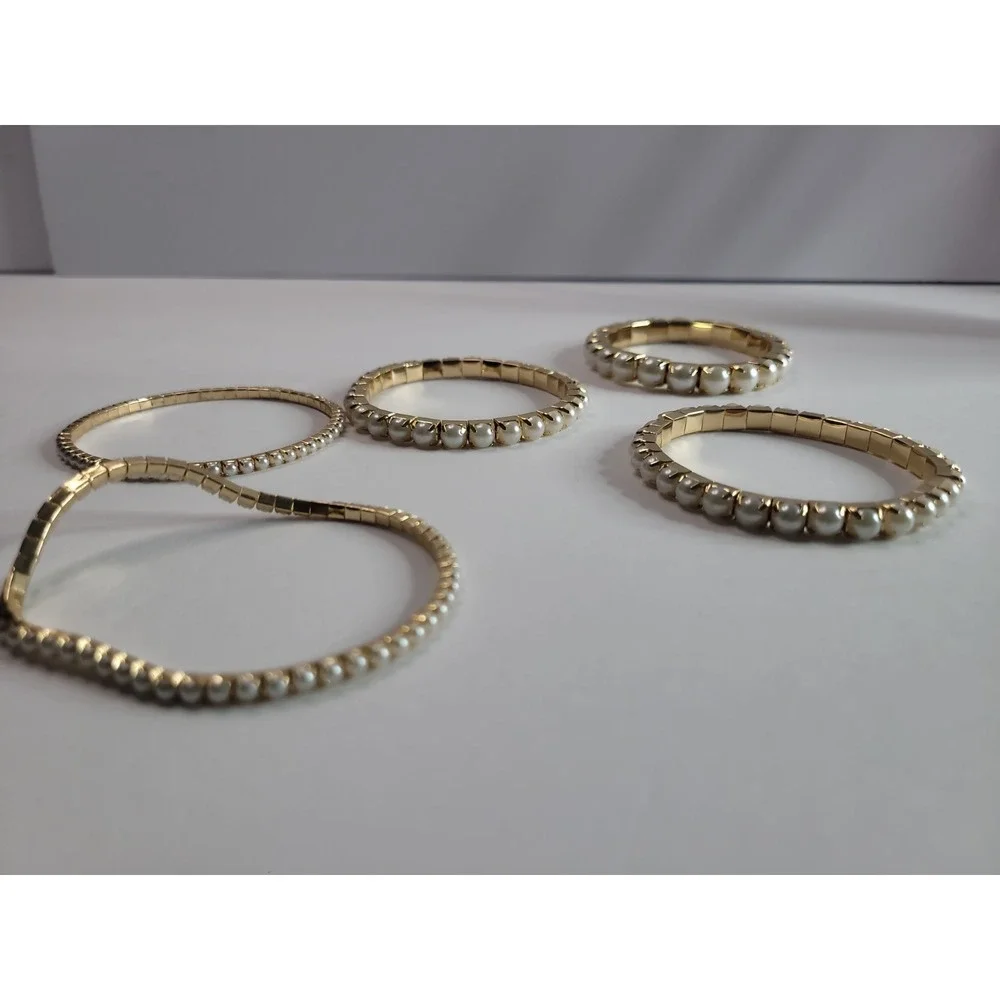 Lot of 5 Gold Tone White Beaded Stretch Bracelets Stackable Bundle